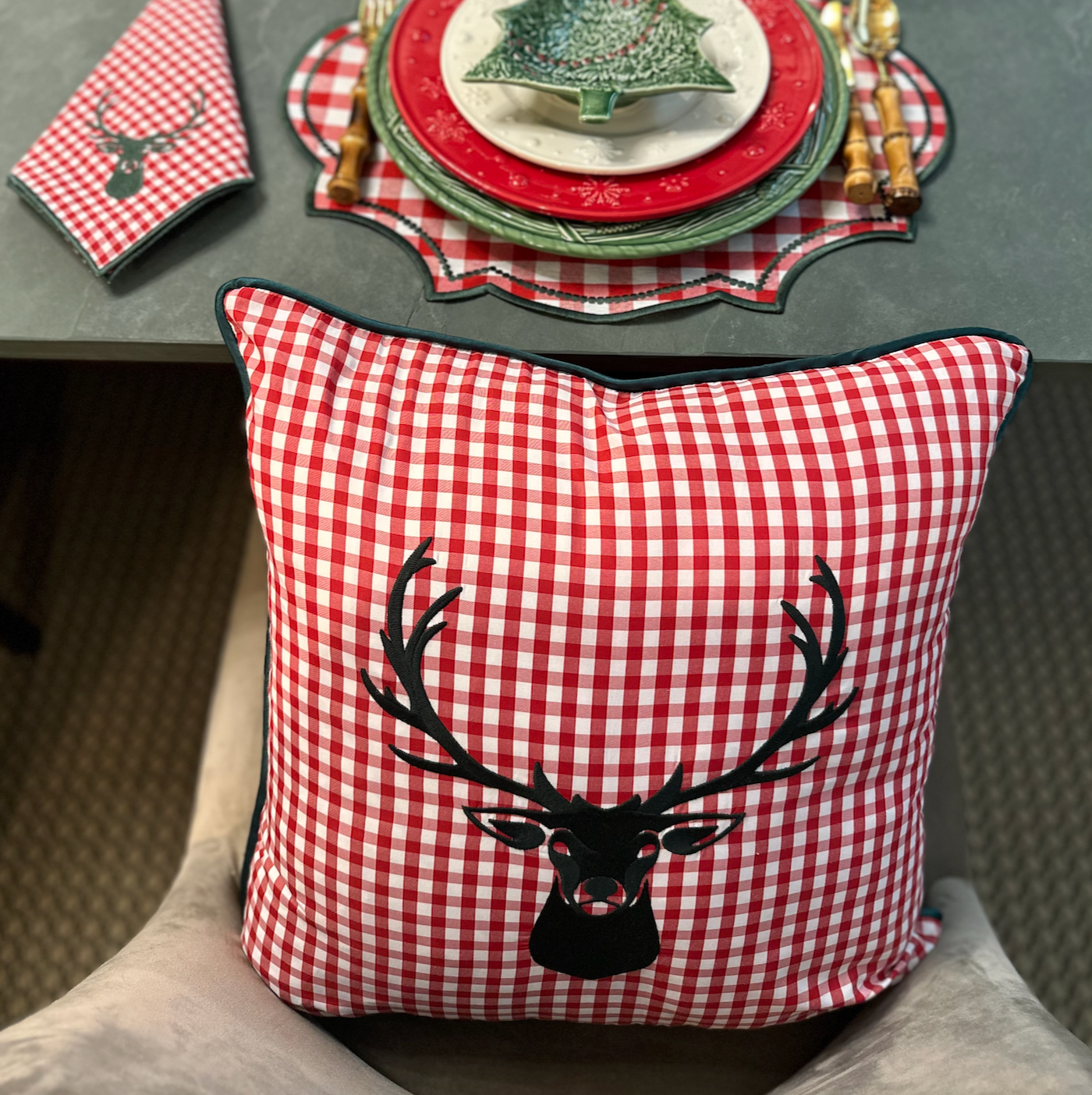 Almofada Decorativa "Reindear" Vichy Vermelho