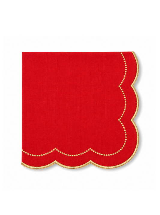 Guardanapo Linho Vermelho bordado a dourado ondas e bolinhas