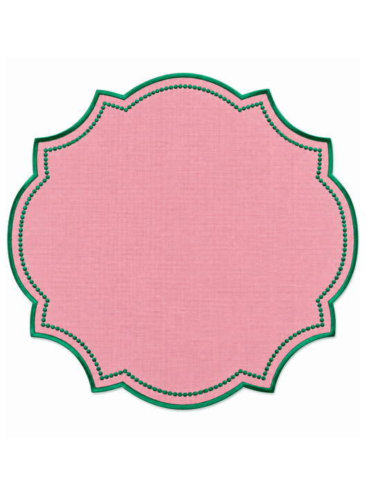 Individual em Linho Rosa bordado a Verde